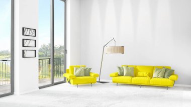 Yepyeni beyaz çatı katı yatak odası en az stil iç tasarım boşaltmak duvar ve görünümü penceresi dışında. 3D render.