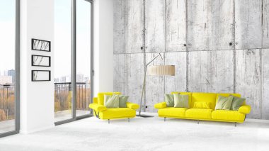 Yepyeni beyaz çatı katı yatak odası en az stil iç tasarım boşaltmak duvar ve görünümü penceresi dışında. 3D render.