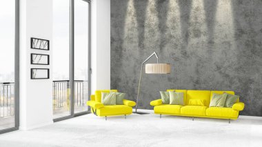 Yepyeni beyaz çatı katı yatak odası en az stil iç tasarım boşaltmak duvar ve görünümü penceresi dışında. 3D render.