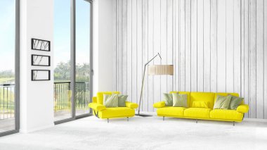 Yepyeni beyaz çatı katı yatak odası en az stil iç tasarım boşaltmak duvar ve görünümü penceresi dışında. 3D render.