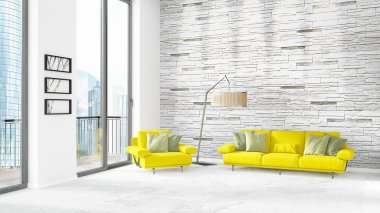 Yepyeni beyaz çatı katı yatak odası en az stil iç tasarım boşaltmak duvar ve görünümü penceresi dışında. 3D render.