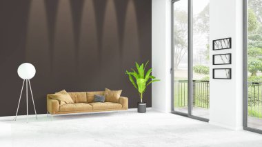 Yepyeni beyaz çatı katı yatak odası en az stil iç tasarım boşaltmak duvar ve görünümü penceresi dışında. 3D render.