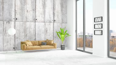 Yepyeni beyaz çatı katı yatak odası en az stil iç tasarım boşaltmak duvar ve görünümü penceresi dışında. 3D render.