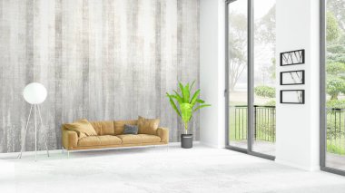 Yepyeni beyaz çatı katı yatak odası en az stil iç tasarım boşaltmak duvar ve görünümü penceresi dışında. 3D render.