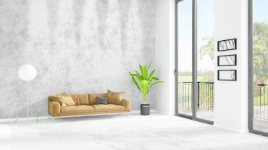 Yepyeni beyaz çatı katı yatak odası en az stil iç tasarım boşaltmak duvar ve görünümü penceresi dışında. 3D render.