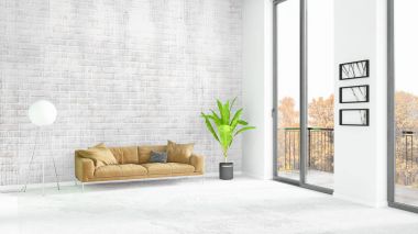 Yepyeni beyaz çatı katı yatak odası en az stil iç tasarım boşaltmak duvar ve görünümü penceresi dışında. 3D render.