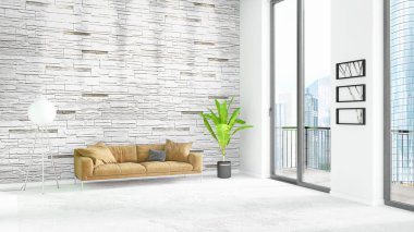 Yepyeni beyaz çatı katı yatak odası en az stil iç tasarım boşaltmak duvar ve görünümü penceresi dışında. 3D render.