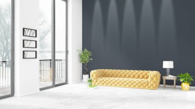 Yepyeni beyaz çatı katı yatak odası en az stil iç tasarım boşaltmak duvar ve görünümü penceresi dışında. 3D render.