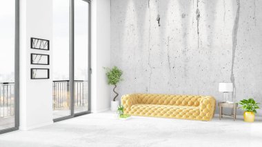 Yepyeni beyaz çatı katı yatak odası en az stil iç tasarım boşaltmak duvar ve görünümü penceresi dışında. 3D render.