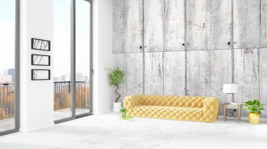 Yepyeni beyaz çatı katı yatak odası en az stil iç tasarım boşaltmak duvar ve görünümü penceresi dışında. 3D render.