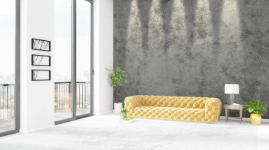 Yepyeni beyaz çatı katı yatak odası en az stil iç tasarım boşaltmak duvar ve görünümü penceresi dışında. 3D render.