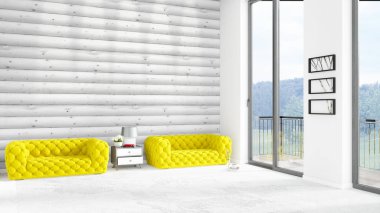 Yepyeni beyaz çatı katı yatak odası en az stil iç tasarım boşaltmak duvar ve görünümü penceresi dışında. 3D render.