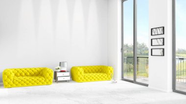 Yepyeni beyaz çatı katı yatak odası en az stil iç tasarım boşaltmak duvar ve görünümü penceresi dışında. 3D render.