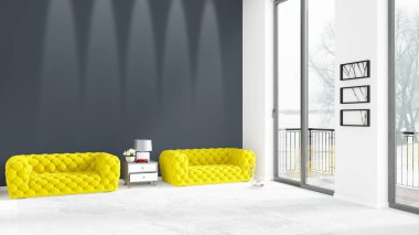 Yepyeni beyaz çatı katı yatak odası en az stil iç tasarım boşaltmak duvar ve görünümü penceresi dışında. 3D render.