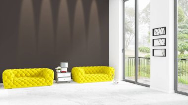 Yepyeni beyaz çatı katı yatak odası en az stil iç tasarım boşaltmak duvar ve görünümü penceresi dışında. 3D render.