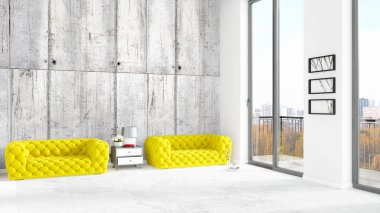 Yepyeni beyaz çatı katı yatak odası en az stil iç tasarım boşaltmak duvar ve görünümü penceresi dışında. 3D render.