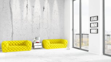 Yepyeni beyaz çatı katı yatak odası en az stil iç tasarım boşaltmak duvar ve görünümü penceresi dışında. 3D render.