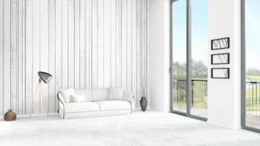 Yepyeni beyaz çatı katı yatak odası en az stil iç tasarım boşaltmak duvar ve görünümü penceresi dışında. 3D render.