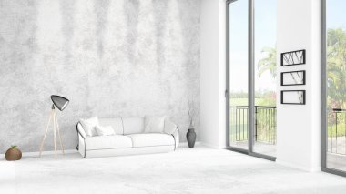 Yepyeni beyaz çatı katı yatak odası en az stil iç tasarım boşaltmak duvar ve görünümü penceresi dışında. 3D render.