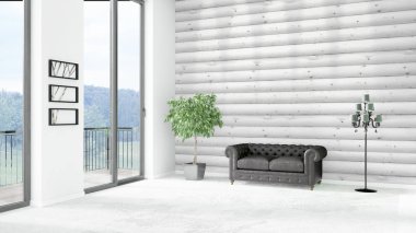 Yepyeni beyaz çatı katı yatak odası en az stil iç tasarım boşaltmak duvar ve görünümü penceresi dışında. 3D render.