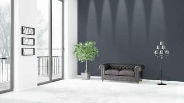 Yepyeni beyaz çatı katı yatak odası en az stil iç tasarım boşaltmak duvar ve görünümü penceresi dışında. 3D render.