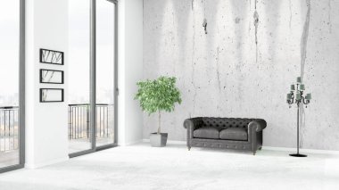 Yepyeni beyaz çatı katı yatak odası en az stil iç tasarım boşaltmak duvar ve görünümü penceresi dışında. 3D render.