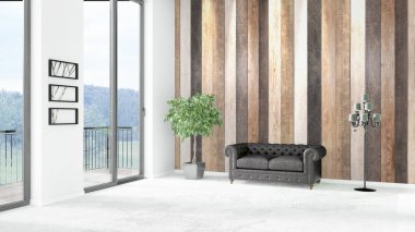 Yepyeni beyaz çatı katı yatak odası en az stil iç tasarım boşaltmak duvar ve görünümü penceresi dışında. 3D render.