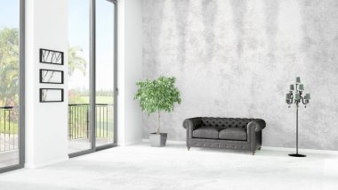 Yepyeni beyaz çatı katı yatak odası en az stil iç tasarım boşaltmak duvar ve görünümü penceresi dışında. 3D render.