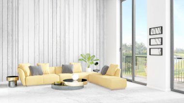 Yepyeni beyaz çatı katı yatak odası en az stil iç tasarım boşaltmak duvar ve görünümü penceresi dışında. 3D render.