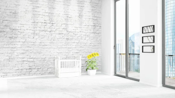 Nuevo dormitorio loft blanco de diseño interior de estilo minimalista con pared de copyspace y vista desde la ventana. Renderizado 3D . — Foto de Stock