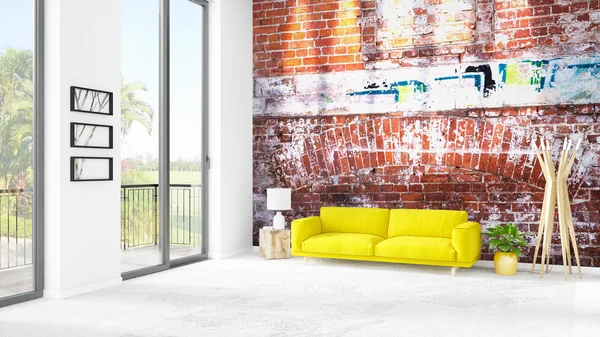 Yepyeni beyaz çatı katı yatak odası en az stil iç tasarım boşaltmak duvar ve görünümü penceresi dışında. 3D render.