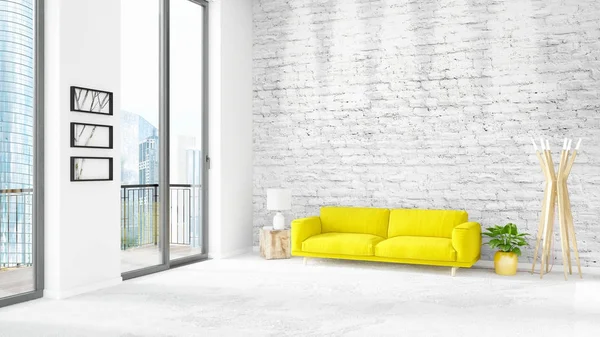 Brandneue weiße Loft Schlafzimmer minimalen Stil Innenarchitektur mit Copyspace Wand und Blick aus dem Fenster. 3D-Darstellung. — Stockfoto