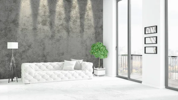 Yepyeni beyaz çatı katı yatak odası en az stil iç tasarım boşaltmak duvar ve görünümü penceresi dışında. 3D render.