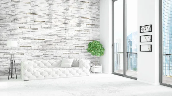 Yepyeni beyaz çatı katı yatak odası en az stil iç tasarım boşaltmak duvar ve görünümü penceresi dışında. 3D render.