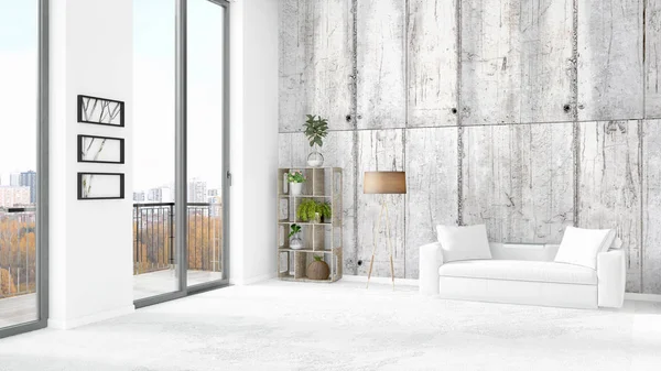 Новый белый чердак спальни минимального стиля интерьера с копировальной стеной и видом из окна. 3D рендеринг . — стоковое фото