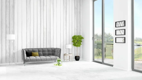 ブランドの新しい白いロフト ベッドルーム ミニマル スタイルのインテリア デザイン copyspace の壁と窓からの視界。3 d レンダリング. — ストック写真