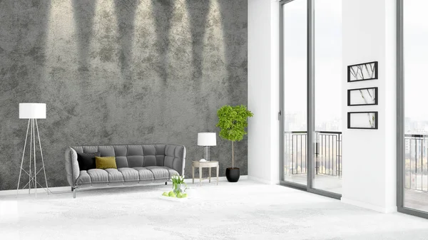 Helt ny vit loft sovrum minimal stil inredning med copyspace väggen och Visa ut fönstret. 3D-rendering. — Stockfoto