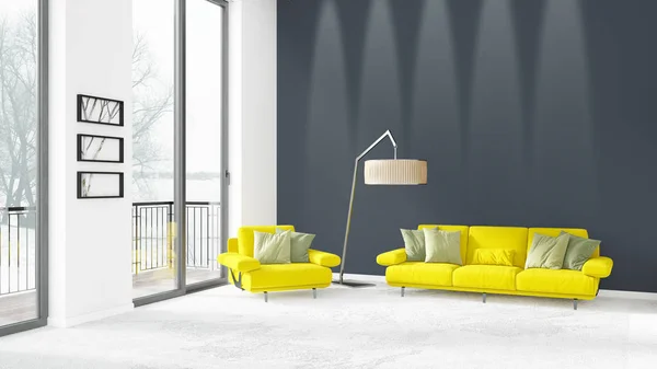 Ολοκαίνουργιο λευκό loft υπνοδωμάτιο στυλ minimal εσωτερικό σχεδιασμό με θέα έξω από το παράθυρο και τοίχου copyspace. 3D rendering. — Φωτογραφία Αρχείου