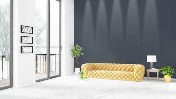 Helt ny vit loft sovrum minimal stil inredning med copyspace väggen och Visa ut fönstret. 3D-rendering. — Stockfoto