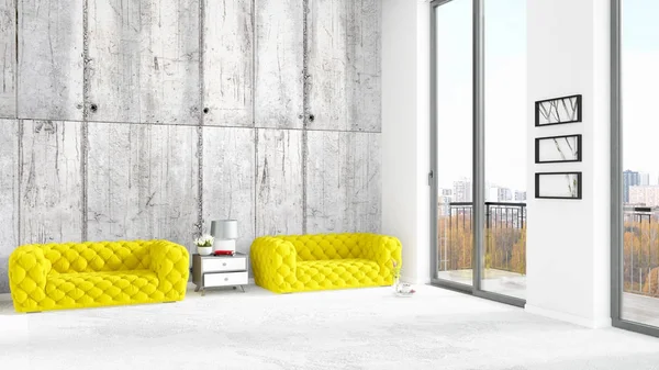 Yepyeni beyaz çatı katı yatak odası en az stil iç tasarım boşaltmak duvar ve görünümü penceresi dışında. 3D render.