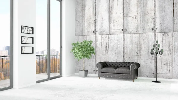 브랜드의 새로운 백색 로프트 침실 최소한의 스타일 인테리어 디자인 copyspace 벽과 창 밖으로 보기. 3 차원 렌더링. — 스톡 사진