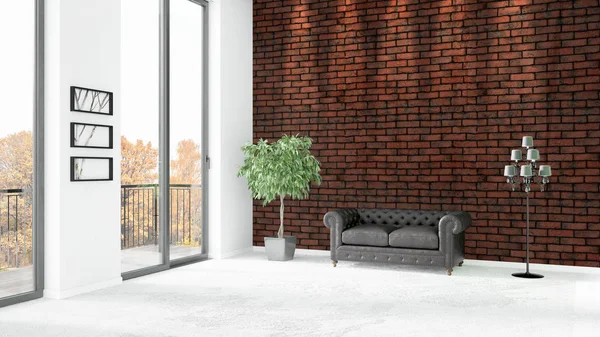 Nowy biały loft sypialnia minimalistycznym stylu wnętrz z tło ściany i widok z okna. renderowania 3D. — Zdjęcie stockowe
