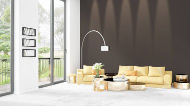 Yepyeni beyaz çatı katı yatak odası en az stil iç tasarım boşaltmak duvar ve görünümü penceresi dışında. 3D render.