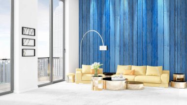 Yepyeni beyaz çatı katı yatak odası en az stil iç tasarım boşaltmak duvar ve görünümü penceresi dışında. 3D render.