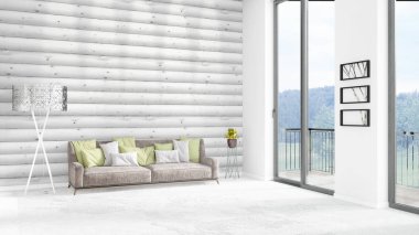 Yepyeni beyaz çatı katı yatak odası en az stil iç tasarım boşaltmak duvar ve görünümü penceresi dışında. 3D render.