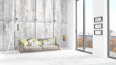 Yepyeni beyaz çatı katı yatak odası en az stil iç tasarım boşaltmak duvar ve görünümü penceresi dışında. 3D render.