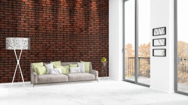 Yepyeni beyaz çatı katı yatak odası en az stil iç tasarım boşaltmak duvar ve görünümü penceresi dışında. 3D render.