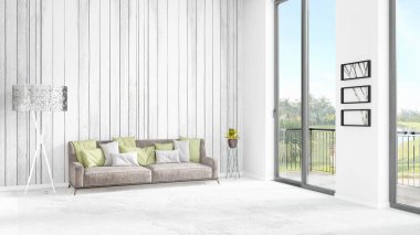 Yepyeni beyaz çatı katı yatak odası en az stil iç tasarım boşaltmak duvar ve görünümü penceresi dışında. 3D render.