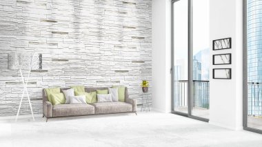 Yepyeni beyaz çatı katı yatak odası en az stil iç tasarım boşaltmak duvar ve görünümü penceresi dışında. 3D render.