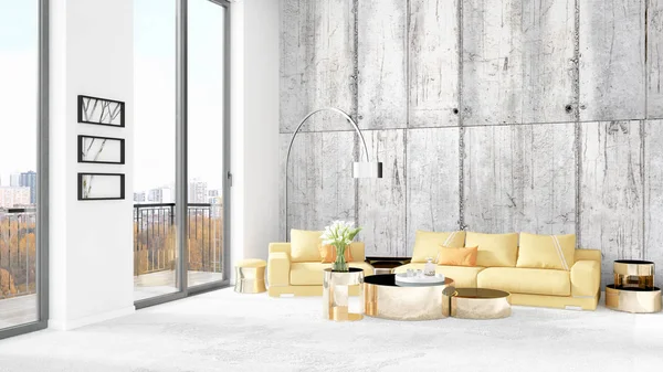 Yepyeni beyaz çatı katı yatak odası en az stil iç tasarım boşaltmak duvar ve görünümü penceresi dışında. 3D render.